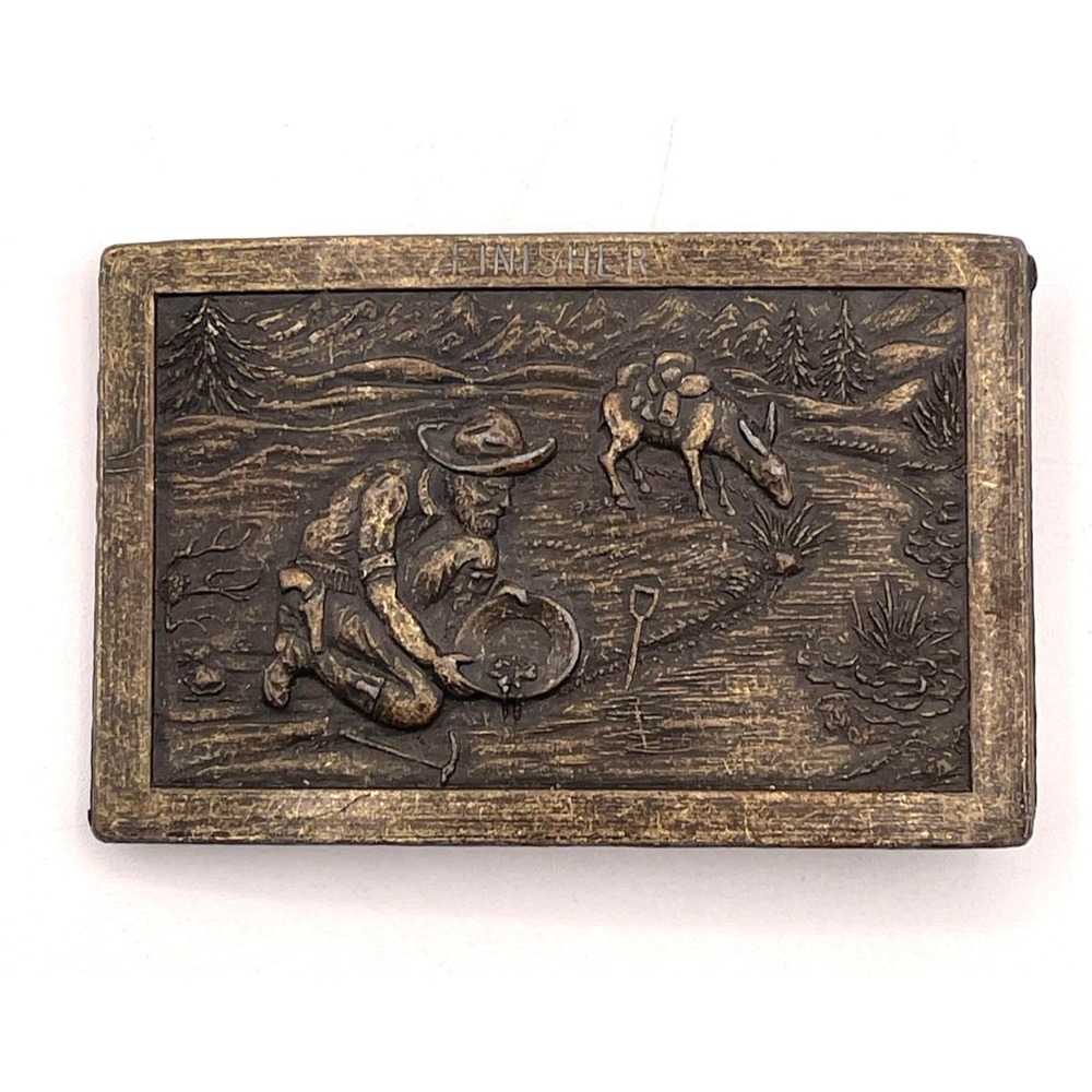 Vintage Finisher Gold Prospector Miner Donkey Panning Western Metal Belt Buckle